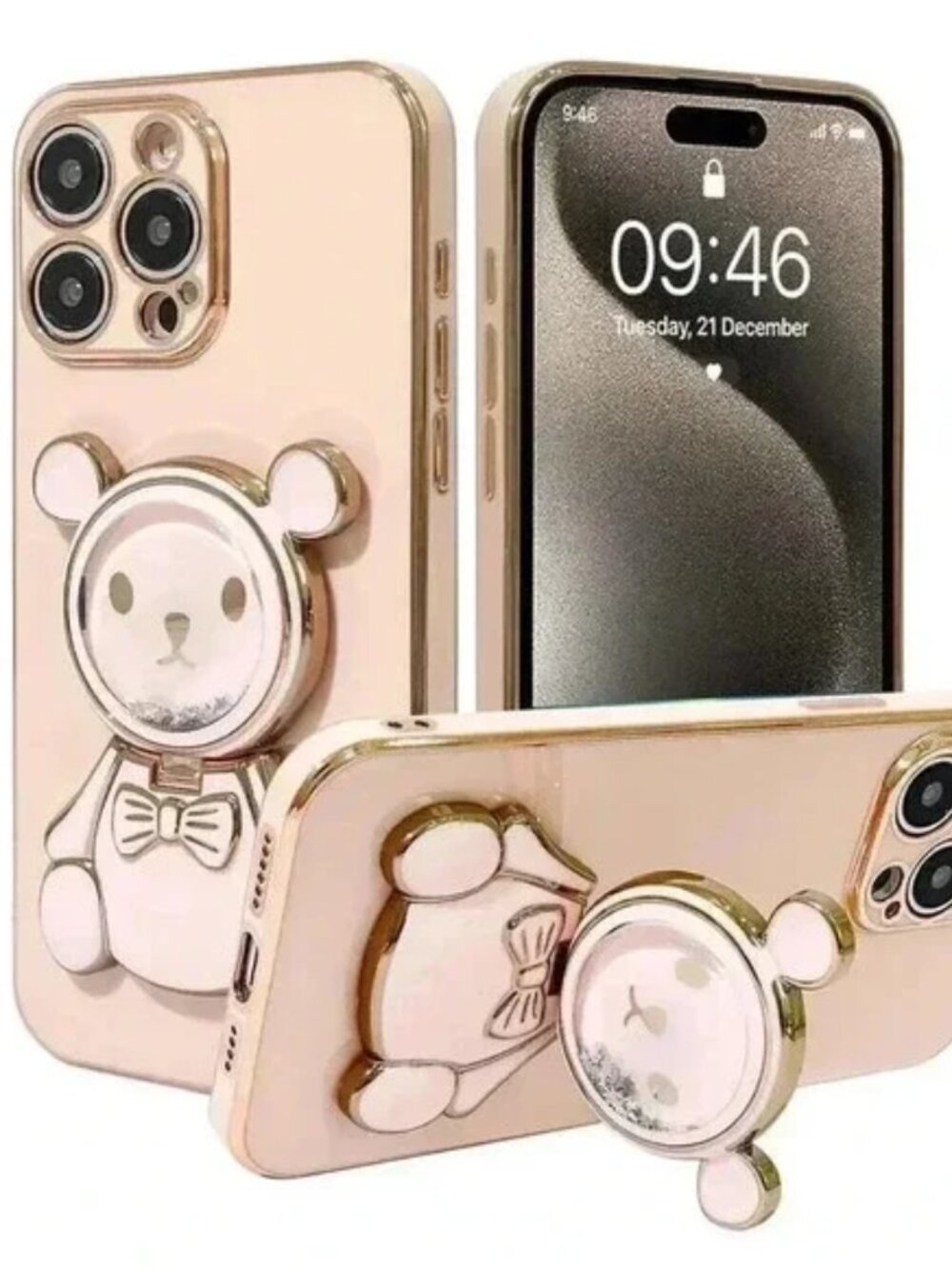 Glitter‎ Bear Kickstand W/Mirror Case For iPhone 15 Pro 6.1” Pink Gold Trim